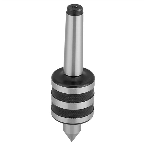 CYSFETENA MT2 lathe live center, front view, knurled black and silver body, conical tip