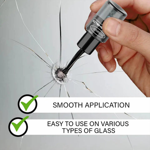 Hand applying Lyseemin Glass Fix Guard 2025 Windshield Crack Repair Formula and Kit For Quick Seal to cracked glass surface