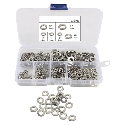 Stainless Steel Washers Set 350 Pc Assortment With Multiple Sizes And Spring Lock Features, Flat Washers For Screws And Nuts, Built For Auto And Industrial Projects, Durable Gasket Washers For Any Hardware Job in storage box
