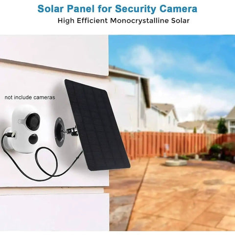 No Brainer 10W Solar Panel Charger Kit For Outdoor Cameras with adjustable angle mounted on a wall near a garden
