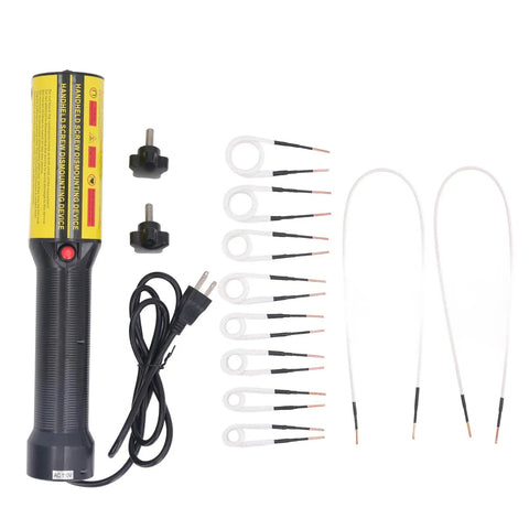 Heavy Duty 1200W Magnetic Induction Heater With Ten Solid Brass Coils To Knock Loose Gnarly Rusted Seized Fasteners Auto Shop Gear Pulley Bearing Tool US Plug components, including coiling brass wires and handheld unit.