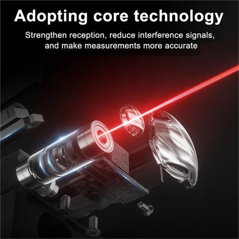 Close-up view of Dual Laser Rangefinder With Rechargeable Battery And Big Digital Screen measuring technology components with red laser.