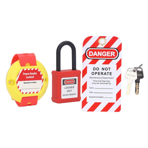 Self Adhesive Electric Panel Lockout Kit With A 13 Hole Strap And Two Clips For Safe Maintenance Lockout components displayed