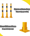 Heavy Duty Steel Bollard For Driveways And Parking Lots, High Visibility Yellow Barrier Pole featuring thickened base and square design.