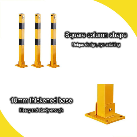 Heavy Duty Steel Bollard For Driveways And Parking Lots, High Visibility Yellow Barrier Pole featuring thickened base and square design.
