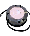 Forklift electromagnetic brake unit, round silver metal housing with black cable and gray connector