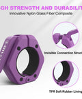 Heavy Duty 2 Inch Barbell Clamps Set Of Two Quick Release Weight Clips With Grippy Anti Slip TPR Lining Secure Weightlifting Collars For Home Gym Or Pros Use Purple showing close view of clamp and lining