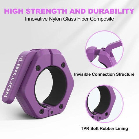 Heavy Duty 2 Inch Barbell Clamps Set Of Two Quick Release Weight Clips With Grippy Anti Slip TPR Lining Secure Weightlifting Collars For Home Gym Or Pros Use Purple showing close view of clamp and lining