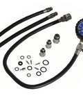 OTC 5606 compression tester kit for gasoline engines; blue pressure gauge with three black hoses and metal adapters