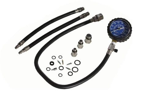 OTC 5606 compression tester kit for gasoline engines; blue pressure gauge with three black hoses and metal adapters