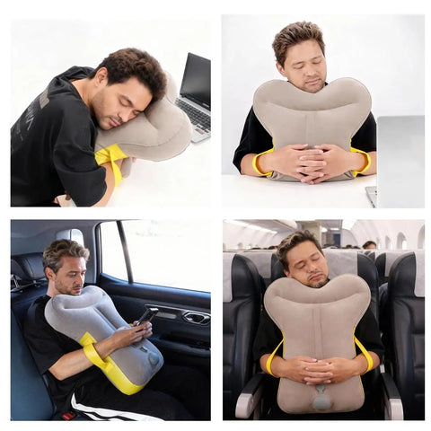 People using Inflatable Travel Pillow For Airplane With Ergonomic Hug Design And Built In Push Button Pump 360 Neck And Chin Support