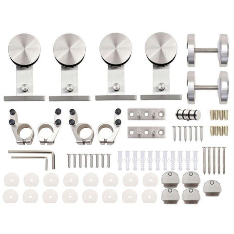 Stainless Steel Sliding Barn Door Hardware Kit 10 Foot Track For Double Doors Includes Two 1525mm Rails Heavy Duty Indoor Outdoor Ready Easy Install Smooth Quiet Operation Built Tough For Home Renovations And Modern Style components laid out.