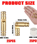 Premium Brass Hidden Hinges Set For Mini Jewelry Boxes And Music Boxes With 270 Degree Folding Includes 25 Cylinder Hinges 4x17mm And 25 Magnets 4x3mm for woodworking projects, shown in hand and measurements displayed.