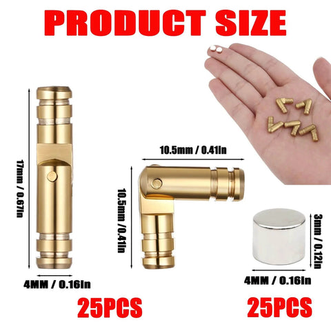 Premium Brass Hidden Hinges Set For Mini Jewelry Boxes And Music Boxes With 270 Degree Folding Includes 25 Cylinder Hinges 4x17mm And 25 Magnets 4x3mm for woodworking projects, shown in hand and measurements displayed.