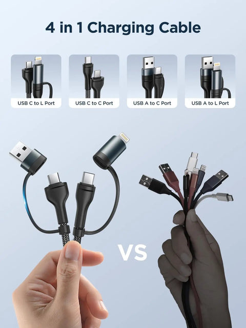 4 In 1 Charging Cable Set 6.6 Foot Nylon Braided 60W Fast Charge Cord MFi Certified Lightning USB C To USB C USB A To Lightning All In One Cable For iPhone iPad Galaxy MacBook And More 2 Pack Durable Multi Device Charger, 4-in-1 cable ends