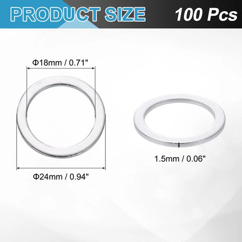 Built Tough Aluminum Flat Washers 100 Piece Pack 18X24X1.5mm Silver Metric Gasket Rings showcased with size dimensions 18mm and 24mm.