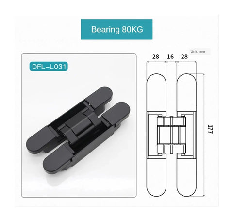 Rugged Heavy Duty Black Hidden Gate Hinge Set For Casement Doors 2 Pack 80Kg Capacity 3D Adjustable Concealed Wood Door Hinges Easy Install For Home Improvement Projects, black hinge with dimension guide
