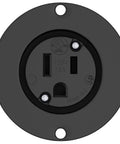 Close-up of Outdoor 15 Amp NEMA 5-15 Flanged Outlet Weatherproof Receptacle Black Surface Mount, showing front details.