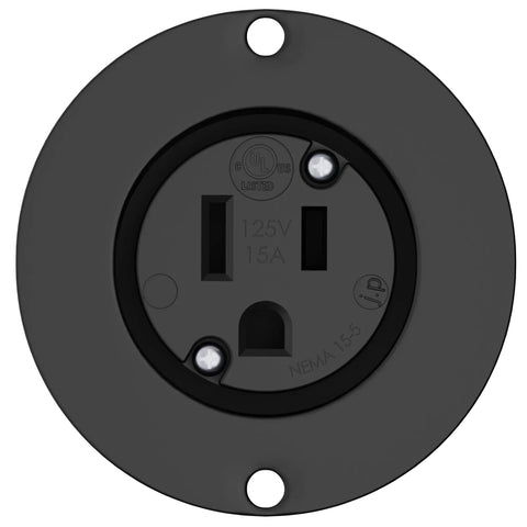 Close-up of Outdoor 15 Amp NEMA 5-15 Flanged Outlet Weatherproof Receptacle Black Surface Mount, showing front details.
