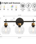 Three Light Black And Gold Bathroom Vanity Light Fixture With Metal Base And Clear Glass Globe Shades, front view with dimensions