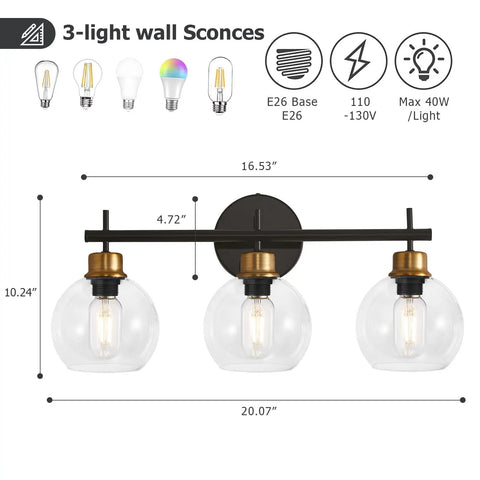 Three Light Black And Gold Bathroom Vanity Light Fixture With Metal Base And Clear Glass Globe Shades, front view with dimensions