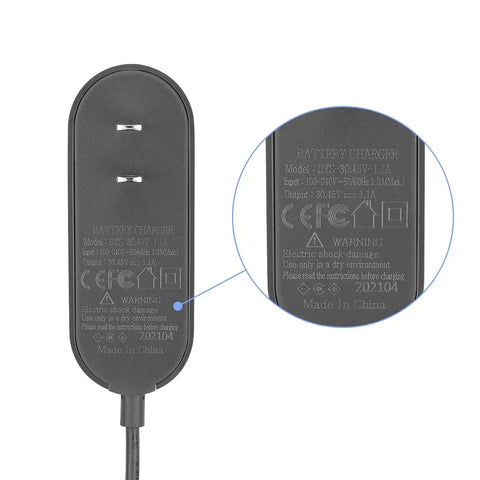 Close-up of Replacement Dyson Charger For Cyclone V10 And V11 Vacuums That Charges Fast Like A Charm 30.45V 1.1Ah Output 100-240V Input Model 217160-02 showing plug and specifications