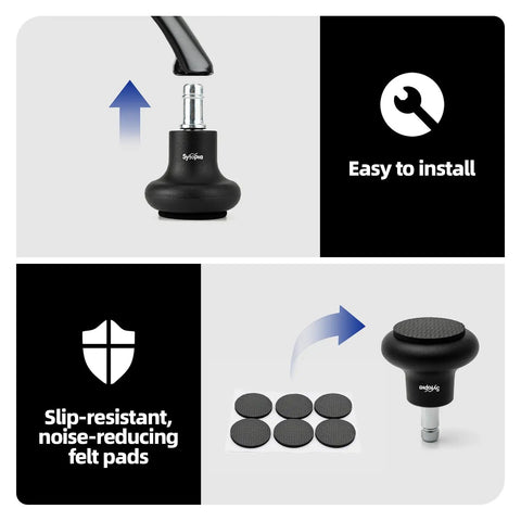 No Sweat Office Chair Bell Glides Replacement With Fixed Feet Wheel Stopper For Swivel Chairs And Stools Featuring 7/16 X 7/8 Stem self-adhesive felt pads demonstrate easy installation steps.