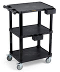 Rock Solid 3 Tier Heavy Duty Rolling Utility Cart Built Different With Hella Tough Polypropylene Shell Rust Resistant Foam Core Mobile Workstation For Garage And Workshop Tool Storage on wheels with three shelves.