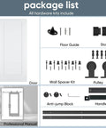 Package list showing 36x84 Inch White Primed Sliding Barn Door with 6 ft hardware kit, handle, and accessories for installation.