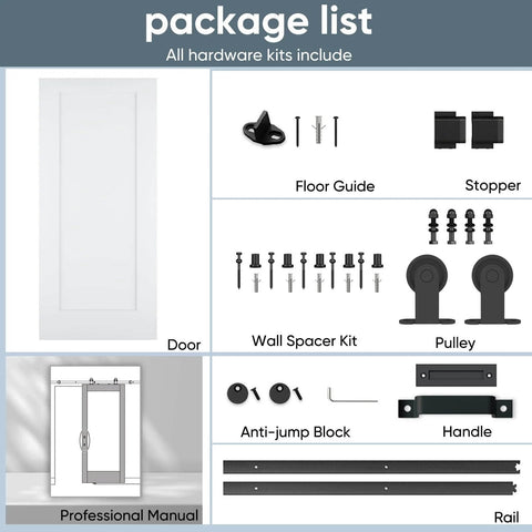Package list showing 36x84 Inch White Primed Sliding Barn Door with 6 ft hardware kit, handle, and accessories for installation.