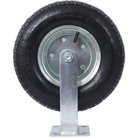 Four Pack Of Black Pneumatic Caster Wheels Combining 12 Inch Ribbed Tires And Precision Ball Bearings side view of wheel with steel hub
