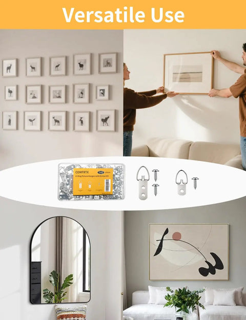 140 Piece Rock Solid D Ring Picture Hanger Screw Kit With Single And Double Hole D Rings For Hanging Heavy Frames Mirrors Canvas Wall Art With Easy Mounting Hardware For Quick Room Glow Up displayed in versatile use scenarios.