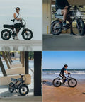 Rider on Dope 20 Inch Fat Tire E Bike with front fork suspension, showing air suspension feature in outdoor settings.