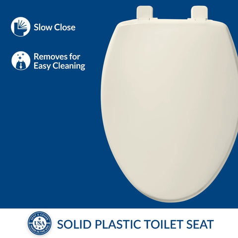 Soft Close Elongated Toilet Seat With Easy Clean Hinges Durable Plastic Build Biscuit Color Made In USA, top view
