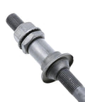 240mm Bike Axle Kit For Multi Speed Rear Hub Three Eighths Inch Black Twenty Six TPI MTB Fat Bike Cone Lock Nut Washer Set Built Tough And Rust Resistant, close-up view of threaded axle with lock nut and washer in steel.