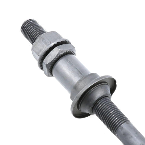240mm Bike Axle Kit For Multi Speed Rear Hub Three Eighths Inch Black Twenty Six TPI MTB Fat Bike Cone Lock Nut Washer Set Built Tough And Rust Resistant, close-up view of threaded axle with lock nut and washer in steel.