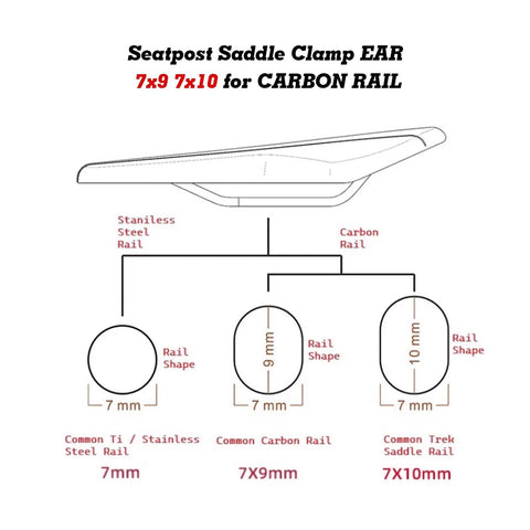 Diagram showing bike seatpost ear clamp sizing for carbon rails including 7x9 dimensions.