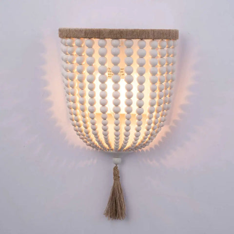 Bohemian Wood Beaded Wall Sconces Two Pack White Finish Rustic Bedside Lighting Fixture For Bedroom Hallway Entryway Bathroom Vanity Decor Versatile Wall Mount Accent Lights Great For Cozy Ambience And Everyday Use