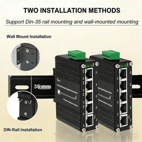 5 Port Gigabit Ethernet Switch With Smart Web Management And QoS VLAN Support 12 48V Wide Voltage Input, shown on DIN and wall mount with 10/100/1000 Mbps ports.