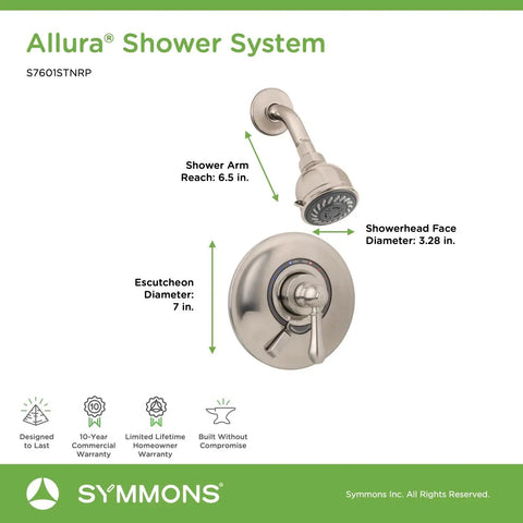 Single Handle 2 Spray Shower System With VersaFlex Integral Diverter In Satin Nickel Valve Included Temptrol Pressure Balancing Valve ADA Compliant Volume Control Easy Install Durable Satin Nickel Finish For A Lux Spa Look, detailed image showing showerhead, arm, and control valve with dimensions labeled.