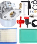 Carburetor repair kit with blue and green air filters, gaskets, spark plug, and hoses