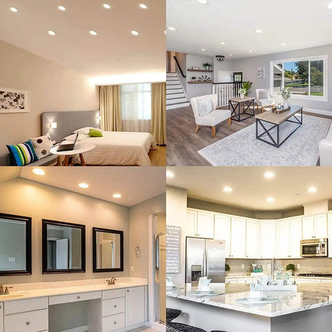 WKNHHL 9 Pack Led Downlights in various indoor settings including bedroom, living room, bathroom, and kitchen.