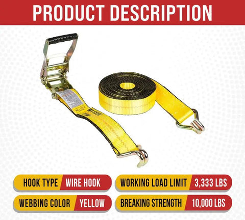 Yellow 2 Inch 30 Foot Ratchet Tie Down Straps With Wire Hooks Beefy Heavy Duty 10 Pack 10,000 Lb Break Strength And 3,333 Lb WLL