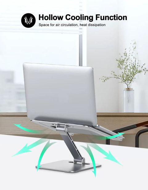 Foldable Laptop Stand With Height Adjustable Ergonomic Riser, Aluminum Portable Desk Mount for 10 to 16 Inch Laptops shown in use.