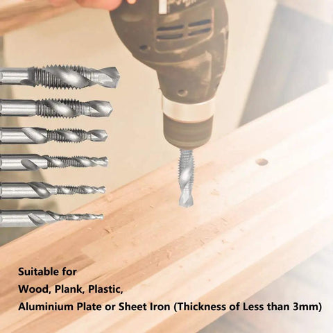 Six Piece Drill Tap Combination Bit Set with 1/4 Inch Hex Shank for 1/8 to 3/8 Inch Sizes HSS 4341, drilling into wood