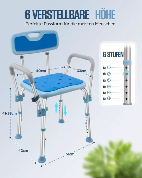 Heavy Duty Shower Chair With Arms And Back For Inside Shower, blue seat, aluminum frame, adjustable height, 6-step guide