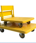 Heavy Duty Folding Flatbed Hand Cart With Sturdy Metal Handle And Silent Swivel Wheels Smooth Rolling Platform Dolly, yellow with dual decks.
