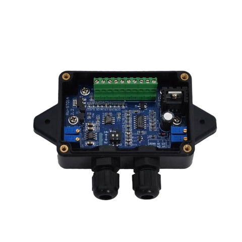 Load Cell Amplifier For Strain Gauge With Dual Signal Output 0 To 5V 0 To 10V And 4 To 20 mA in black casing and green terminals