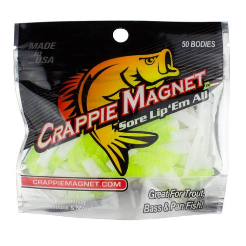 50 Pack Split Tail Grub Body Lures For Crappie Fishing Vertical Jig Tackle For Freshwater Crappie White And Chartreuse Colors Tournament Proven Bait To Outfish Skirts And Curly Tails in packaging