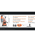 Specifications of 1550W Cordless Magnetic Drill Press With 13000N Force And 2 Inch Core Bit Variable Speed Portable Electric Tool.
